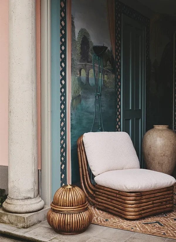 Bohemian 72 Lounge Chair, Fully Upholstered Bouclé, Base Rattan