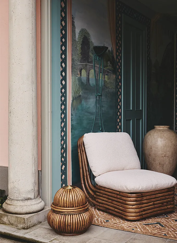 Bohemian 72 Lounge Chair, Fully Upholstered Bouclé, Base Rattan