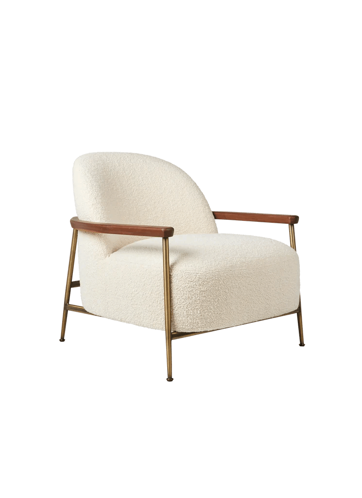 Sejour Lounge Chair, Fully Upholstered, Armrests, Dora Boucle 002, Antique Brass, American Walnut Oiled