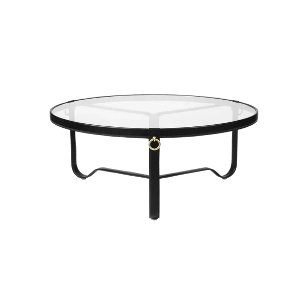Adnet Coffee Table, Transparent Glass & Black Leather