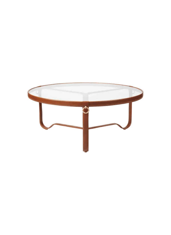 Adnet Coffee Table,Transparent Glass & Tan Leather