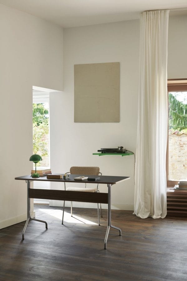 AV16 Pavilion Desk, Iron Linoleum (4178) w. lacquered walnut & chrome base - Image 2