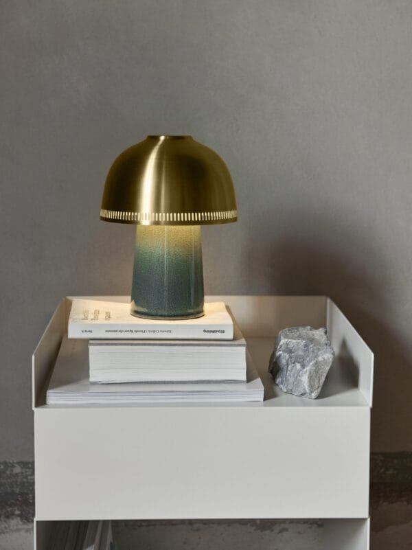 Raku Portable Lamp SH8, Blue Green & Brass