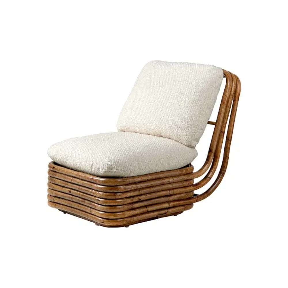 Bohemian 72 Lounge Chair, Fully Upholstered Bouclé, Base Rattan