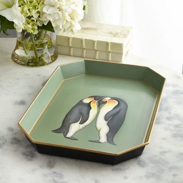 Flora, Handpainted Decorative Iron Tray, Peguins, 43 x 30 cm - Image 2