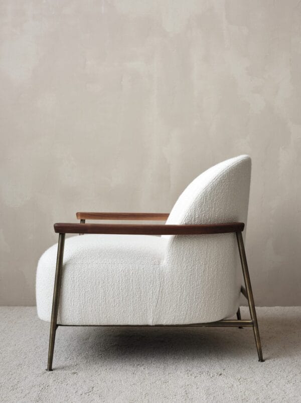 Sejour Lounge Chair, Fully Upholstered, Armrests, Barnum Fabric, American Walnut, Antique Brass Base