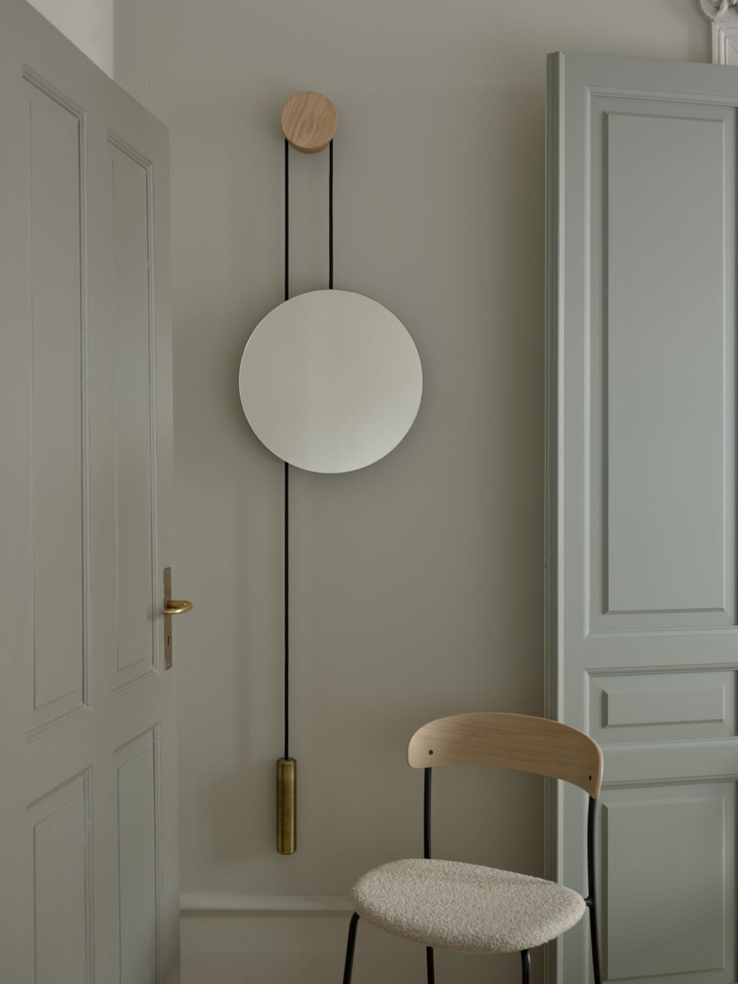 Rise and Shine Wall Mirror, Natural Oak w. Brass Weight