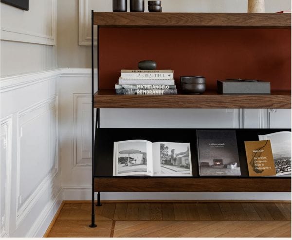 Zet, Storage System, Black Steel Base, Dark Stained Oak Shelf, Black Panel Brick Red , Magazine Shelf , Black Powder Coated Steel 3