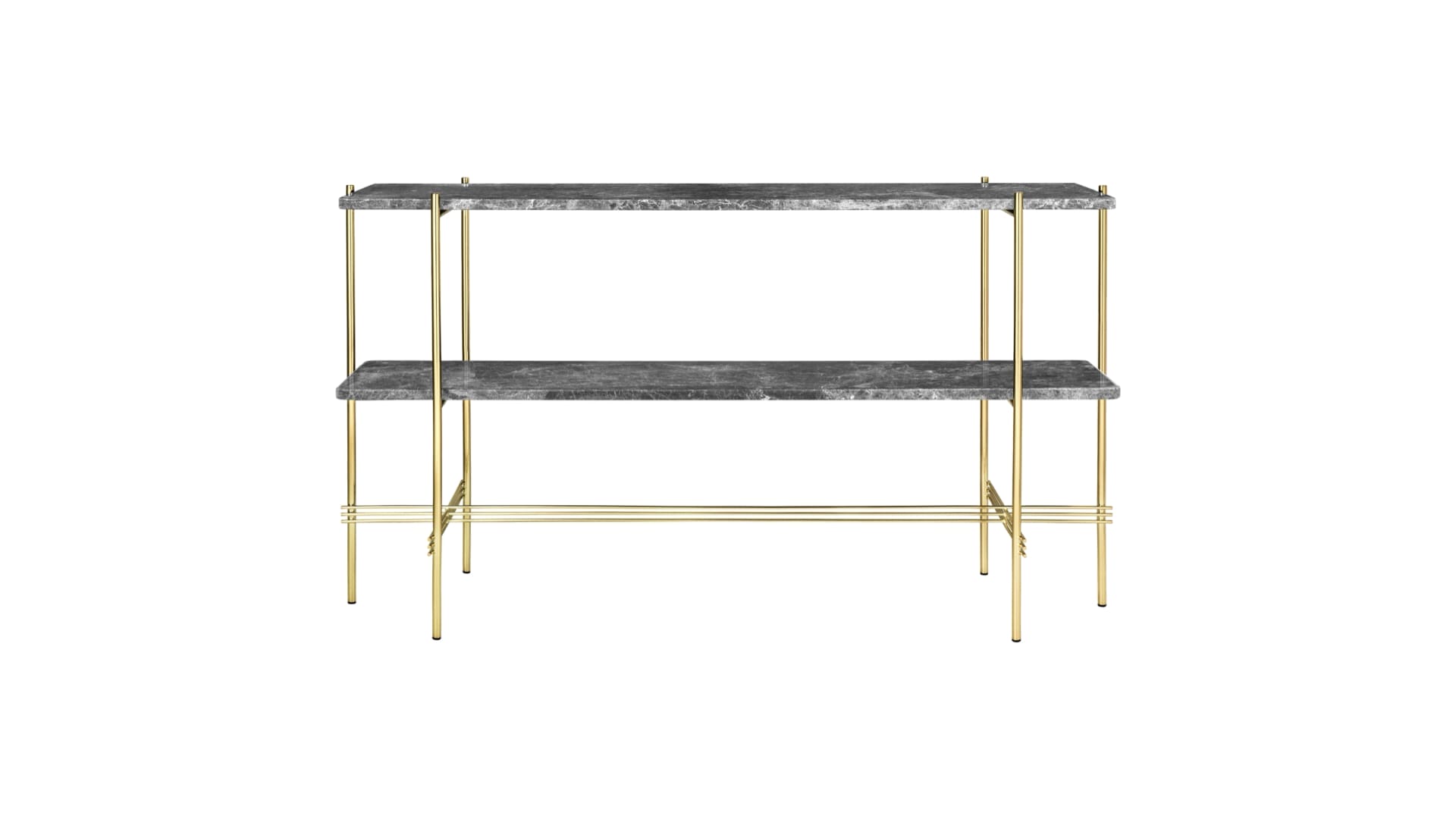 TS Console, 2 Racks, Top Grey Emperador Marble, Base Brass
