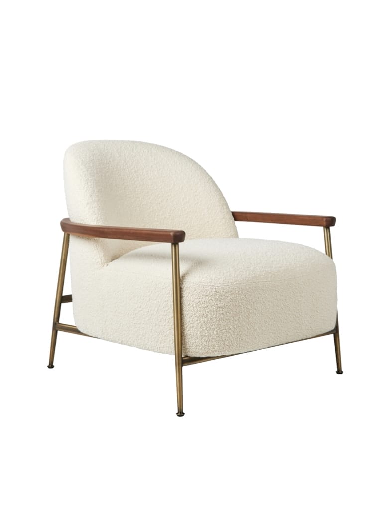 Sejour Lounge Chair, Fully Upholstered, Armrests, Barnum Fabric, American Walnut, Antique Brass Base