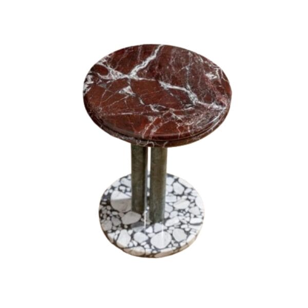 Merry Go Round Table, Top Rosso Levanto, Pole Verde Guatemala, Base Terrazzo Ø35
