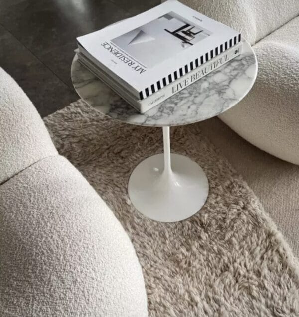 Saarinen Side Table, White Rilsan Base, Marble Arabescato, white with grey veining, Ø41, H51 cm