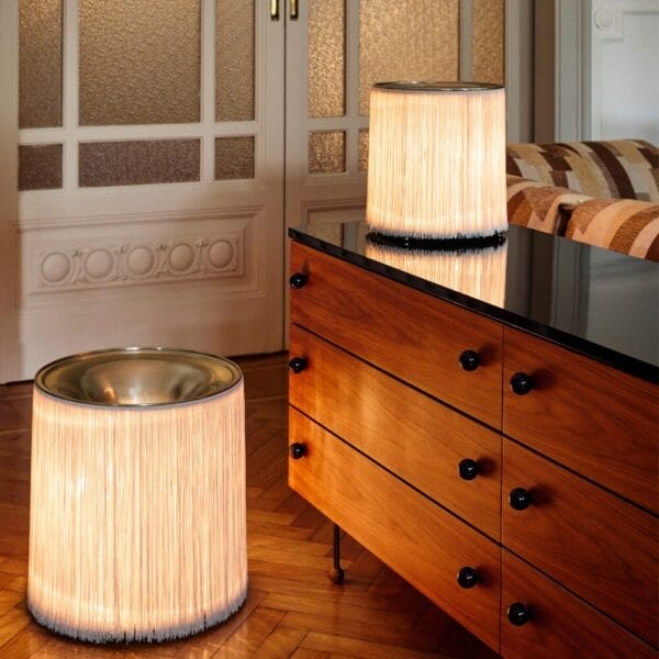Model 597 Table Lamp, Base: Polished Aluminum, Shade:Cream Fringe - Image 2