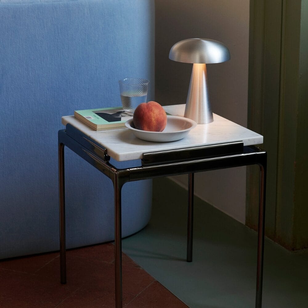 Sett LN11 Side Table, Bianco Carrera Marble w. Dark Chrome