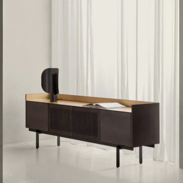 Stockholm Technic Sideboard, 3 Doors, Ebony Oak, Bronze Top, H29 cm
