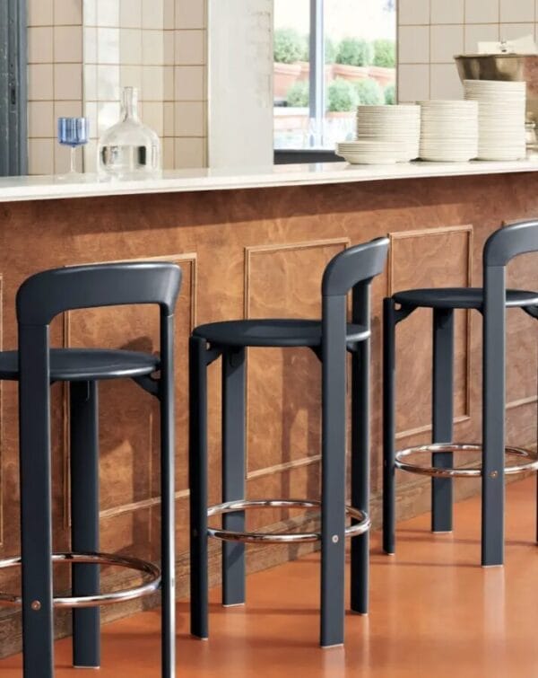 Rey Bar stool Low 4 leg base H65 Standard glider-Deep black water-based lacquered beech-None-None