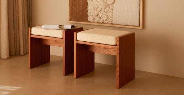 Church Cream white terry wool stool with iroko finish ash 49 x 33 x H45cm - Image 4