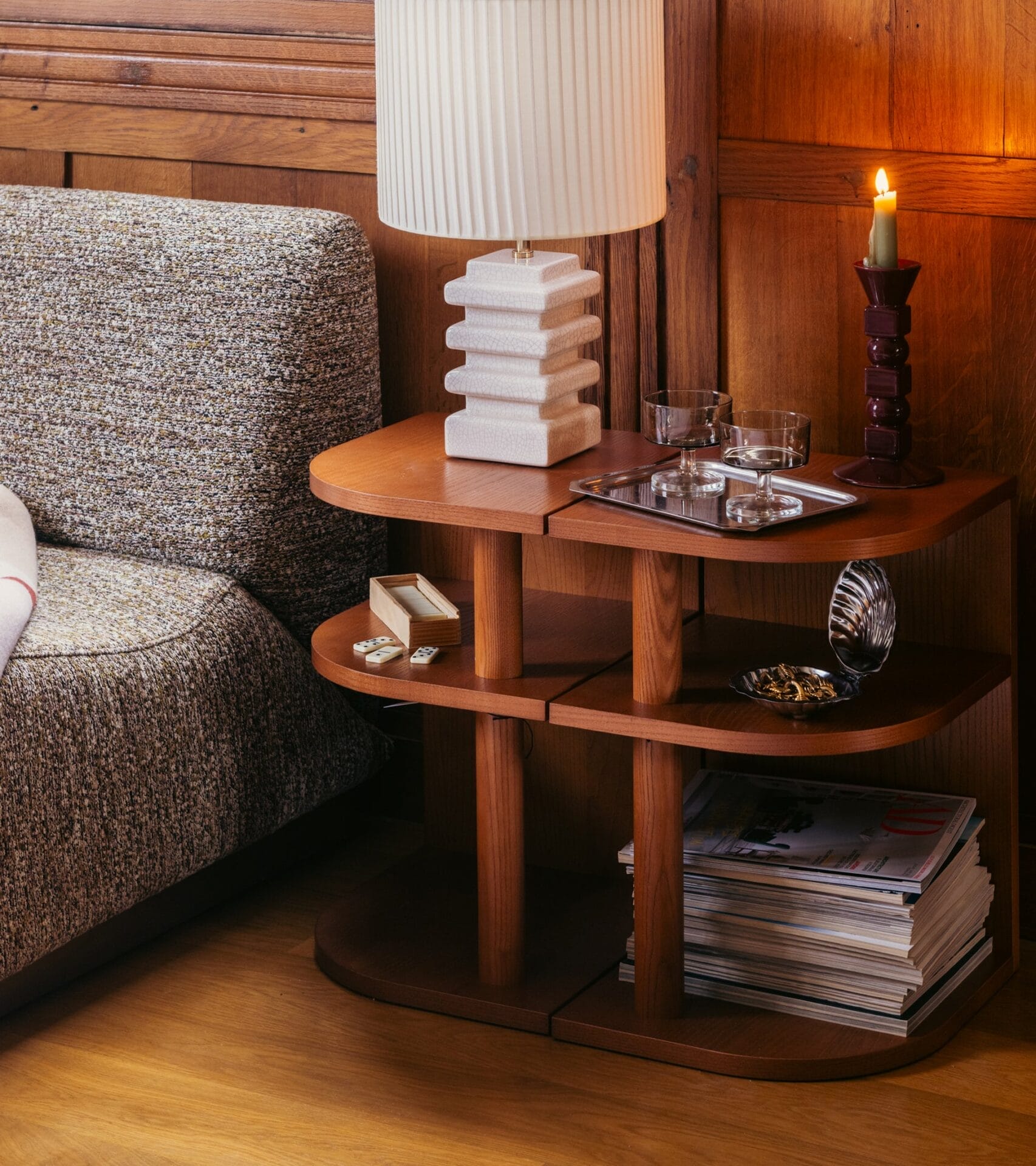 Opera Straight side table in ash with iroko finish, Right side D35x32xH47cm