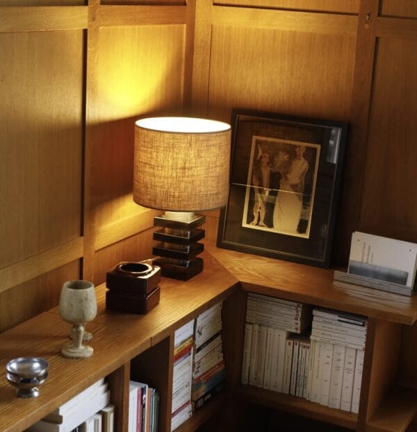 Marta Amber glass and brown textured fabric table lamp H46 x Ø28 cm