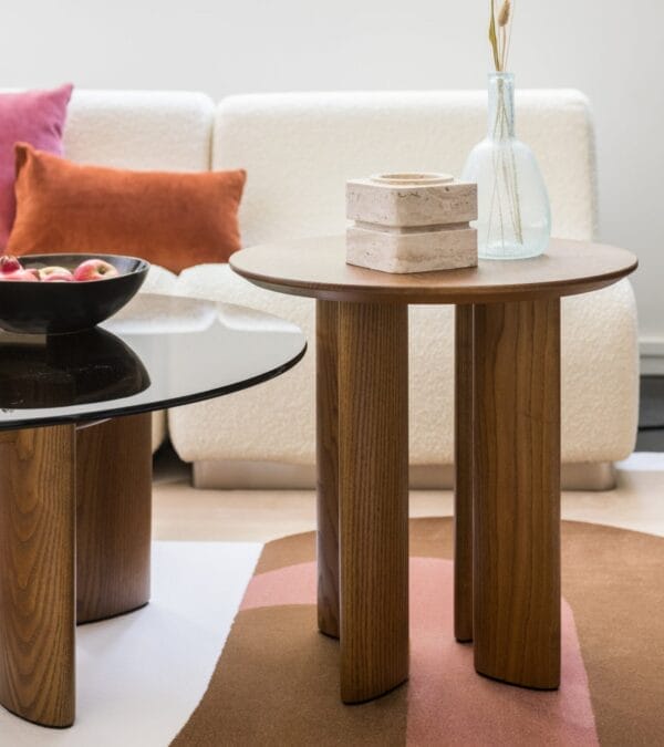 Carlotta ash side table with iroko finish Ø50 x H50cm