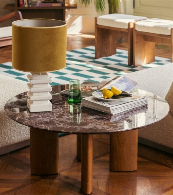 Carlotta round red marble coffee table with iroko finish legs,Ash legs with iroko finish Ø90 x H40 cm