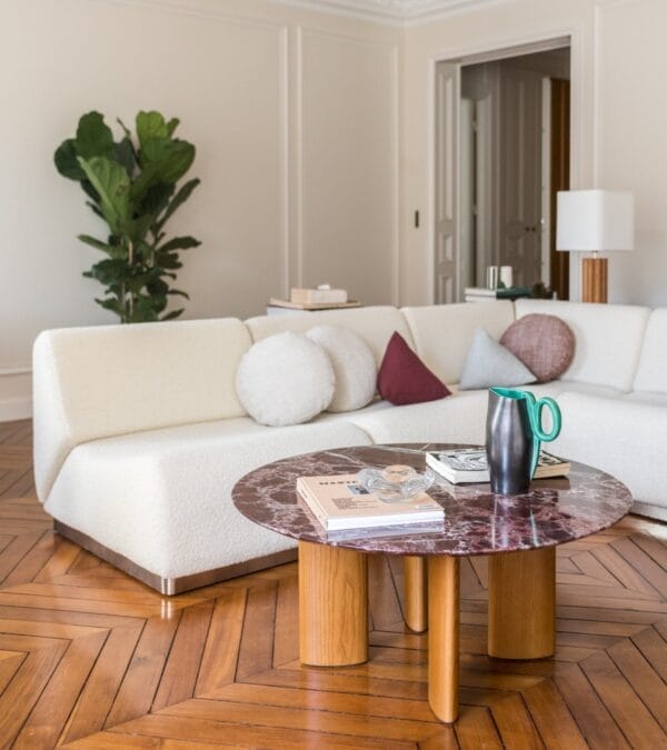 Carlotta round red marble coffee table with iroko finish legs,Ash legs with iroko finish Ø90 x H40 cm - Image 3
