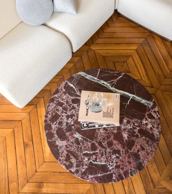 Carlotta round red marble coffee table with iroko finish legs,Ash legs with iroko finish Ø90 x H40 cm - Image 2