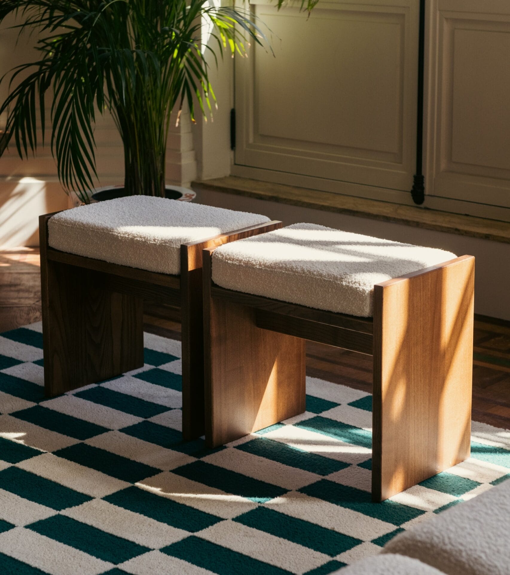 Church Cream white terry wool stool with iroko finish ash 49 x 33 x H45cm