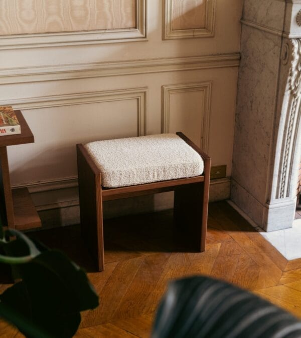 Church Cream white terry wool stool with iroko finish ash 49 x 33 x H45cm