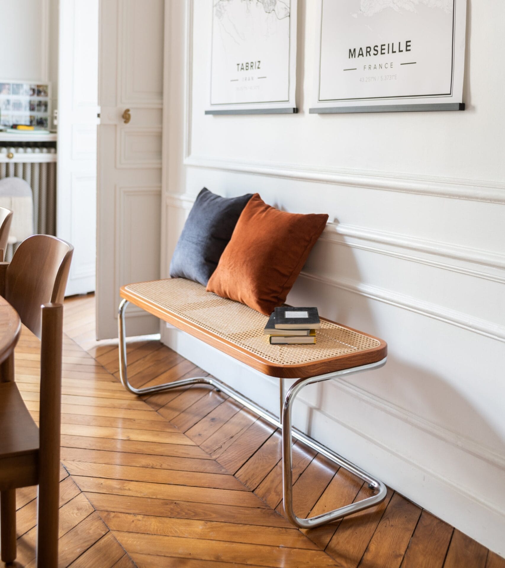 Panchina Brown, natural cane and chromed metal bench L120 x W40 x H45 cm