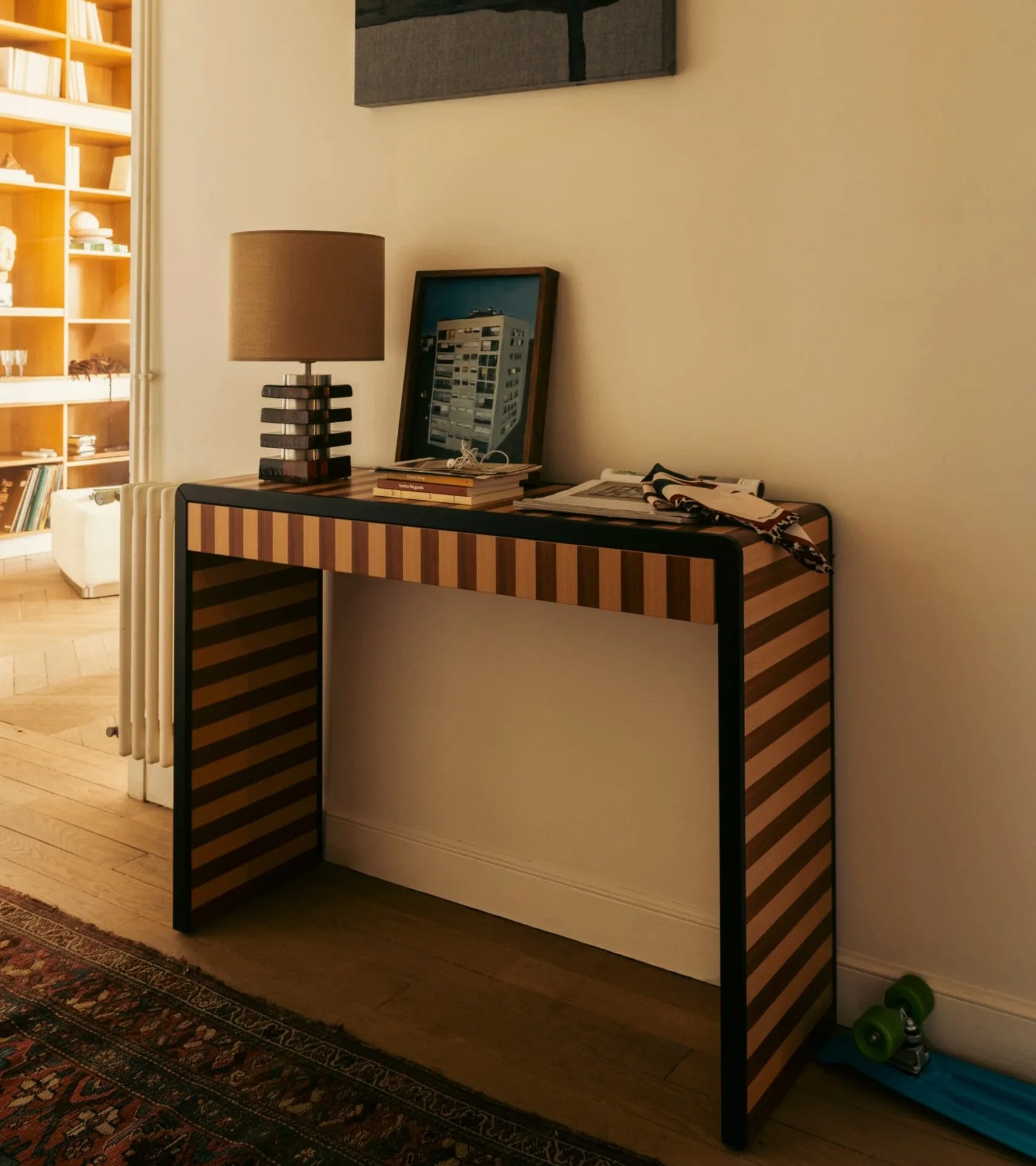 Console Paolo, Striped mahogany and beech console