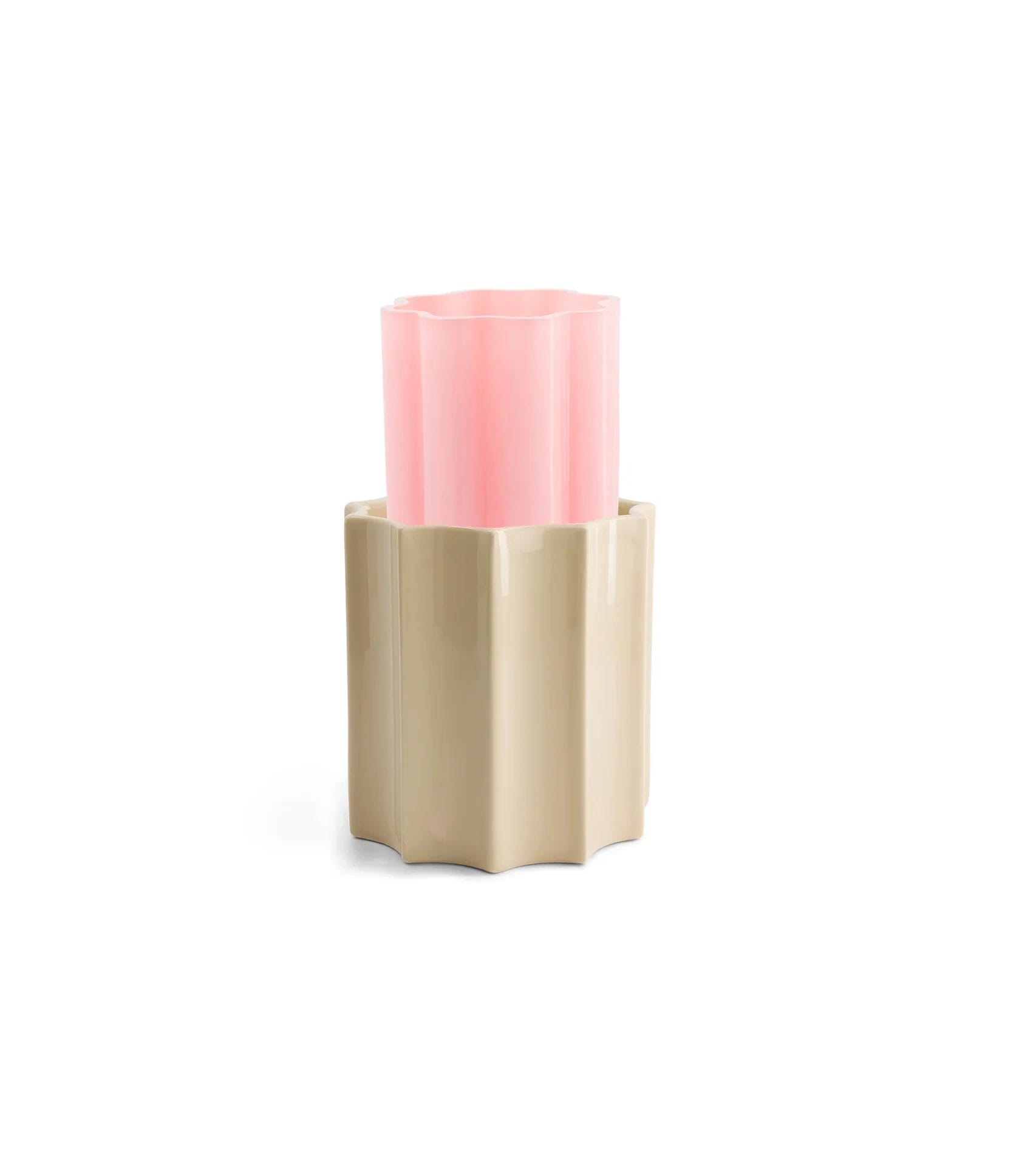 Vase Duetto Candy pink and sand-colored vase, glass and ceramic - Image 2