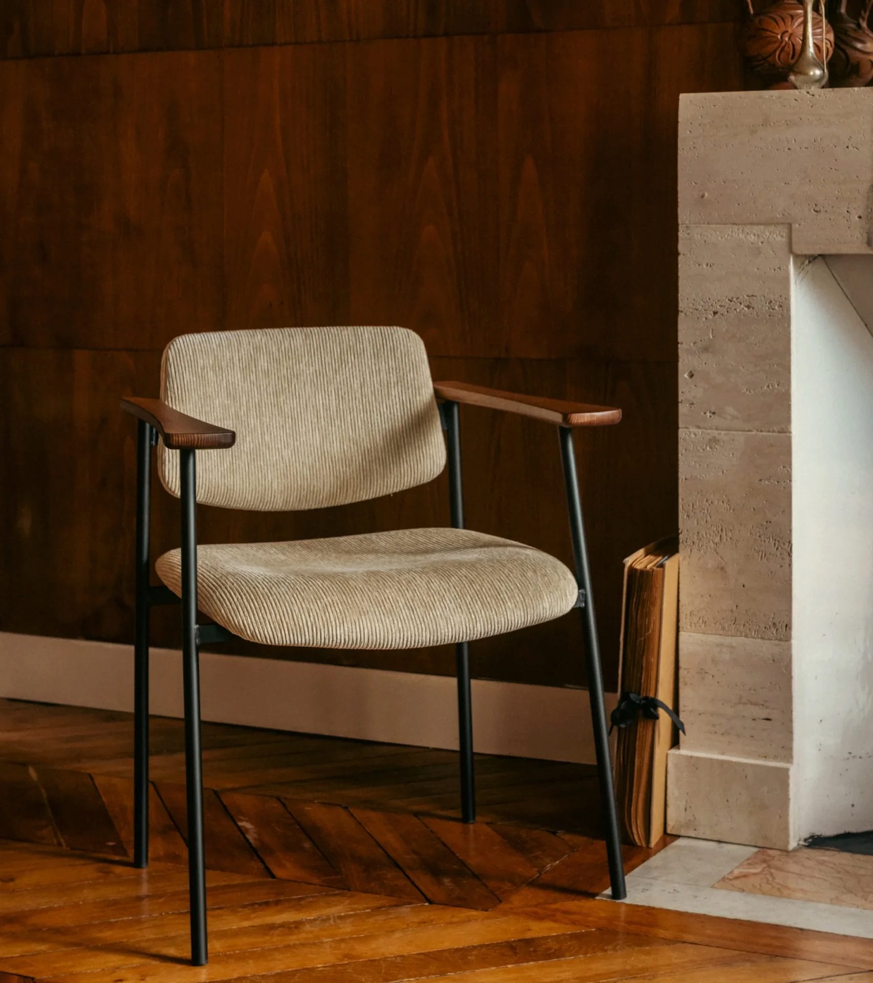 Pio Brown wood chair and beige corduroy