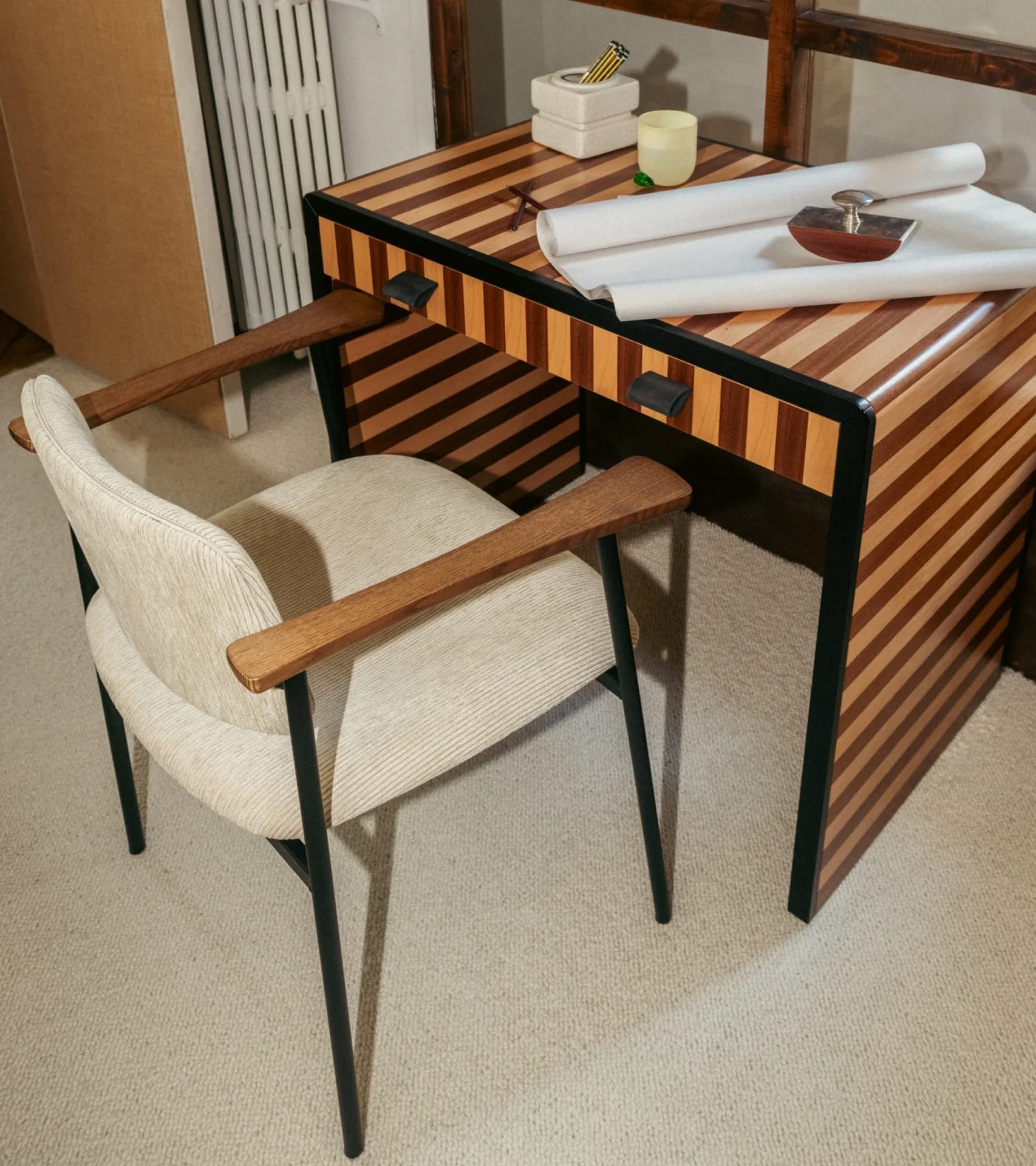 Pio Brown wood chair and beige corduroy